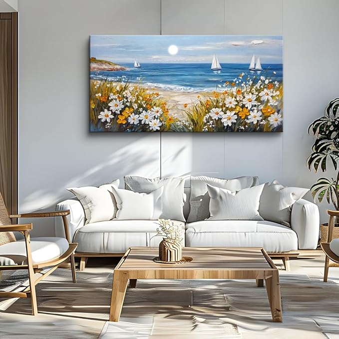 KELIYUAN Wall Art For Dining Room Kitchen Blue Ocean Beach Art Pictures Living Room Decor Vintage Landscape Painting Modern Canvas Print Suitable For Bedroom Office Farmhouse Wall Decor 24x48 In