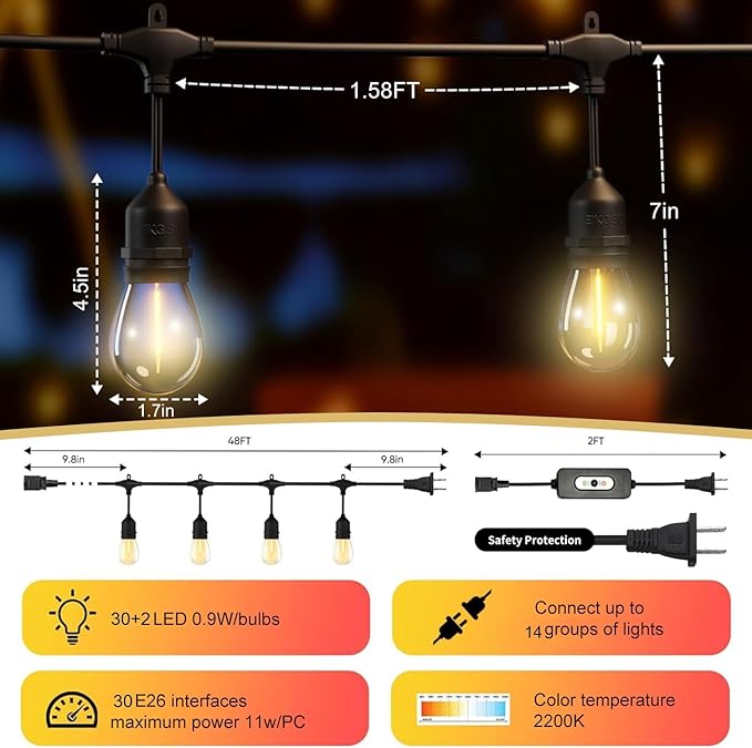 50FT Outdoor String Lights Waterproof with 30+2 Bulbs(𝟏.𝟓𝐅𝐓 𝐁𝐮𝐥𝐛𝐥𝐬 𝐒𝐩𝐚𝐜𝐢𝐧𝐠), Remote & Dimmer, Commercial Grade Patio Lights with 3 Mode Light & Timing,100PC Ties for Outside
