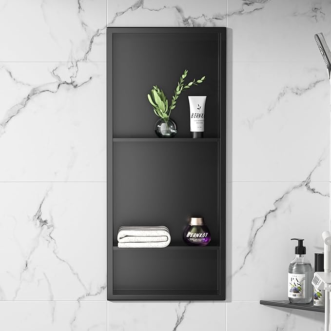 Stainless Steel Shower Niche 30" X 12" Matte Black No Tile Needed Wall Vertical Niche Three-Tier Shelves Recessed Shower Shelf for Bathroom Storage Over Mount Installation