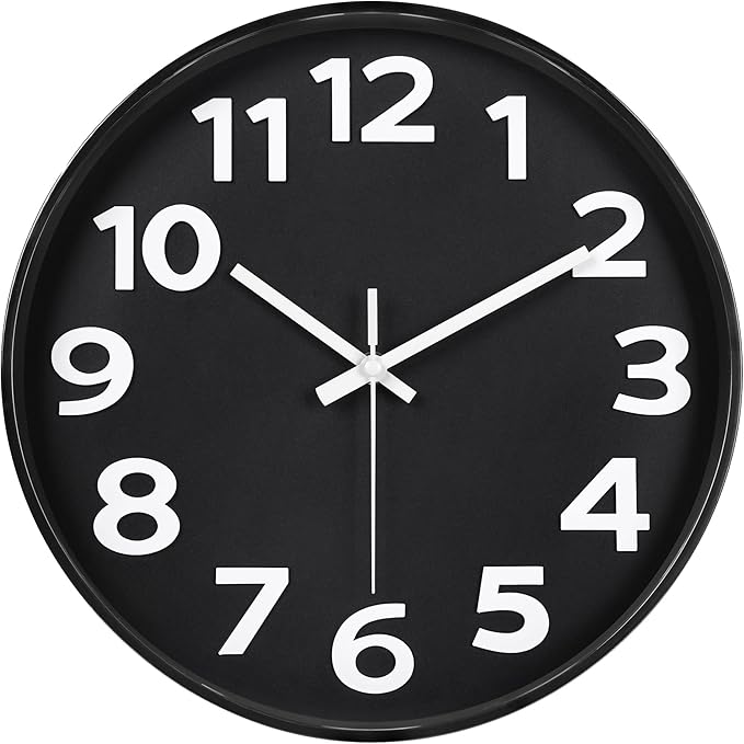 45MinST 12 Inch 3D Number Dial Face Modern Indoor Outdoor Clock, Silent Non-Ticking Round Home Decor Wall Clock with Arabic Numerals (Black)