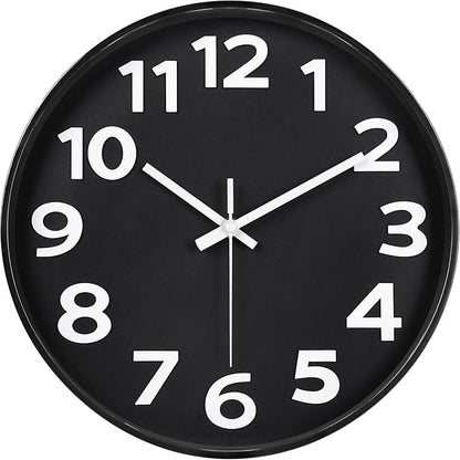 45MinST 12 Inch 3D Number Dial Face Modern Indoor Outdoor Clock, Silent Non-Ticking Round Home Decor Wall Clock with Arabic Numerals (Black)