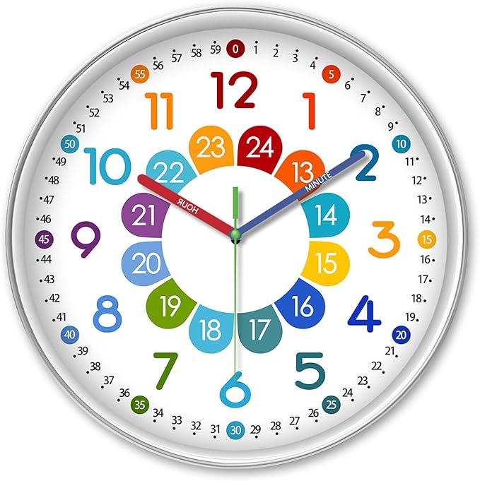 XFM Kids Wall Clock for Bedroom 14 Inch Round Colorful Learning Clock Children's Silent Non-Ticking Educational Analog Clock for Boys and Girls Classroom Home Decor