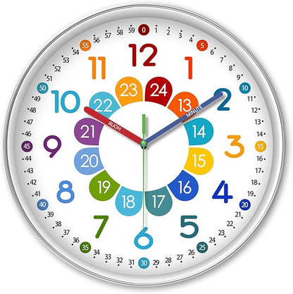 XFM Kids Wall Clock for Bedroom 14 Inch Round Colorful Learning Clock Children's Silent Non-Ticking Educational Analog Clock for Boys and Girls Classroom Home Decor