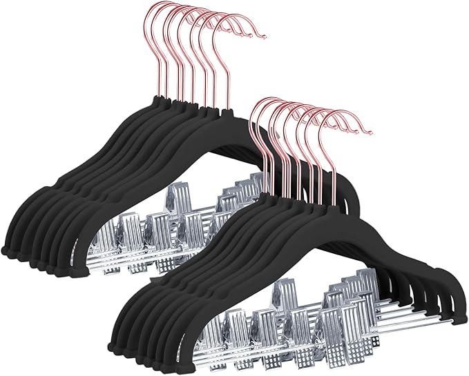 Stormix Baby Hangers - 24 Pack Non-Slip Heavy-Duty Kids Hangers with Clips - Black (Rose Gold Hook) for Shirts, Pants, Skirts, Dresses, Jackets, Coats