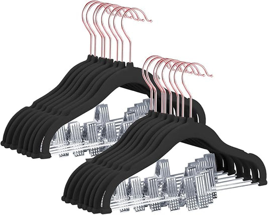 Stormix Baby Hangers - 14 Pack Non-Slip Heavy-Duty Kids Hangers with Clips, Black (Rose Gold Hook) for Shirts, Pants, Skirts, Dresses, Jackets, Coats