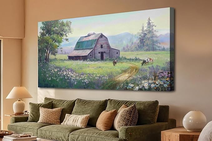 Acocifi Barn Picture Fall Wall Art for Farmhouse, Rustic Landscape Painting Farm Cow Print Textured Artwork Extra Large Framed for Living Room Bedroom Dining Room Kitchen Office Home Decor 58"x29"