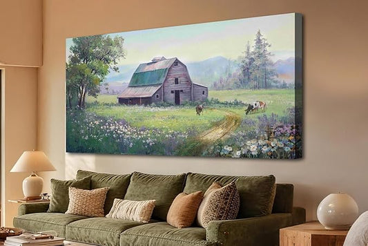 Acocifi Barn Picture Fall Wall Art for Farmhouse, Rustic Landscape Painting Farm Cow Print Textured Artwork Large Framed for Living Room Bedroom Dining Room Kitchen Office Home Decor 48"x24"