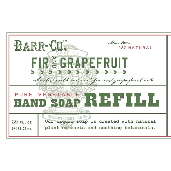 BARR-CO. Hand Soap Refill – Natural Liquid Soap with Moisturizing Botanicals, Vegan & Plant-Based, Refreshing Citrus & Balsam Scent, for Kitchen & Bathroom, Fir & Grapefruit 32fl oz