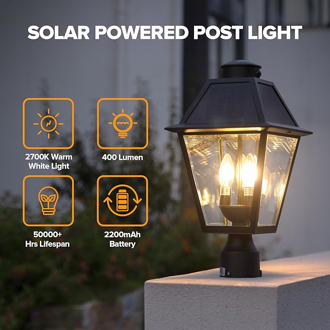 LUTEC Outdoor Solar Lamp Post Light with Motion Sensor, Dusk to Dawn Waterproof Pole Light Head with Three Modes, Exterior Black Solar Powered Fence Post Light Fixtures for Outside