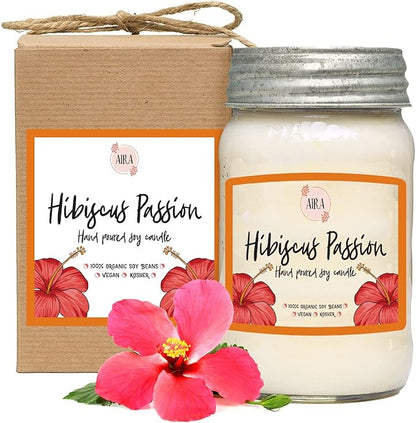 AIRA Soy Candles - Organic, Kosher, Vegan, in Mason Jar w/Therapeutic Grade Essential Oil Blends - Hand-Poured 100% Soy Candle Wax - Paraffin Free, Burns 110+ Hours - Hibiscus Passion -16 Ounces