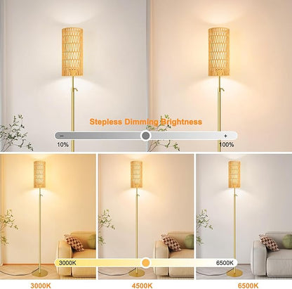 Gold Floor Lamps for Living Room Boho Rattan Floor Lamp with Remote Control & 3 Color Temperature Vintage Wicker Standing Lamp Dimmable Tall Floor Lamp for Bedroom Living Room Corner