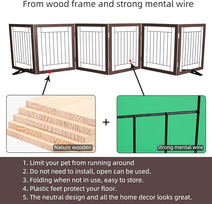 ZJSF Freestanding Dog Gate Indoor, Foldable Dog Fence for Doorways,Hallways or Stairs, Sturdy Wood Extra Wide Pet Gate with Support Feet,Brown,24 "Height-6 Panels