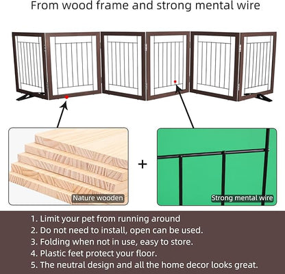 ZJSF Freestanding Dog Gate Indoor, Foldable Dog Fence for Doorways,Hallways or Stairs, Sturdy Wood Extra Wide Pet Gate with Support Feet,Brown,24 "Height-6 Panels