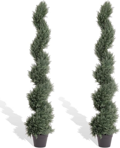THE BLOOM TIMES 5ft Spiral Artificial Topiary Trees Set of 2, Faux Cedar Trees for Outdoor Planters - Fake Twist Cypress Plants for Garden Front Porch Indoor Outside Christmas Decor 5 Foot
