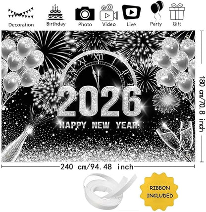 MEHOFOND 8x6ft Black and Silver 2026 Happy New Year Backdrop Hello 2026 New Year Eve Party Photography Background Champagne Balloon Fireworks Glitter Dots Cheers to 2026 Decor Banner Photo Booth Props