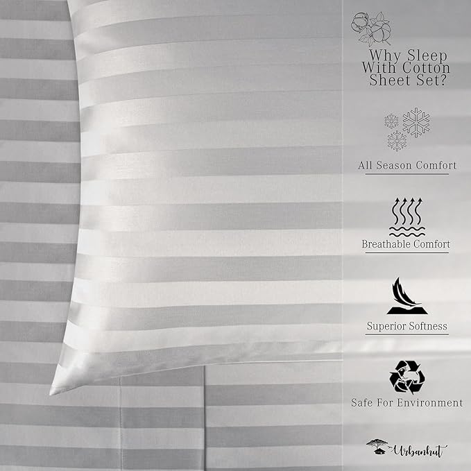 URBANHUT 800 Thread Count Egyptian Cotton Damask Striped King Size Sheets Set (4 Pc) - Ultra Soft & Smooth, Sateen Weave King Sheet, Luxury Hotel Sheets with 16" Deep Pocket - Silver Grey