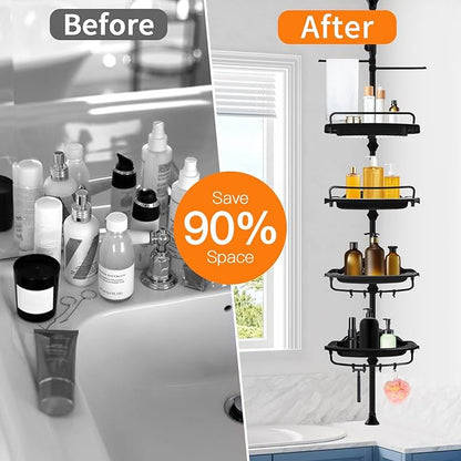Rustproof Shower Caddy Tension Pole Corner Shower Caddy Organizer 4 Tier Adjustable Shelves with Tension Pole and Large Capacity for Bathtub Shampoo Accessories Storage Rack 38.8-122.7inch