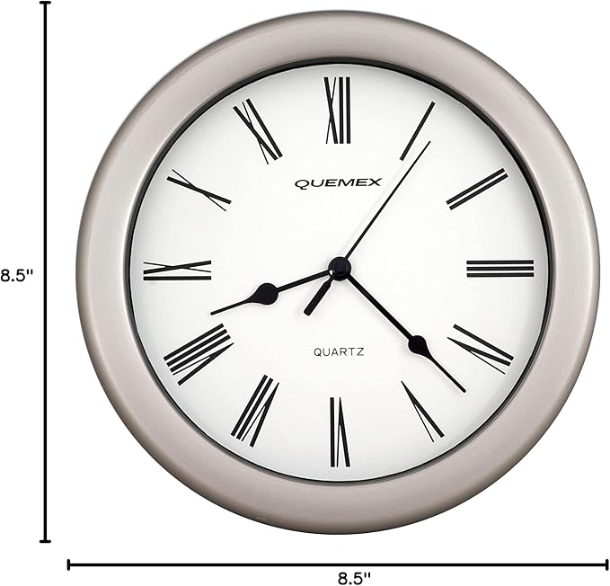 JUSTIME 8.5 inch Brushed Metal Water Resistant Wall Clock, Special for Small Space, Office, Boats, RV (WM86-BN-R Brushed Nickel)