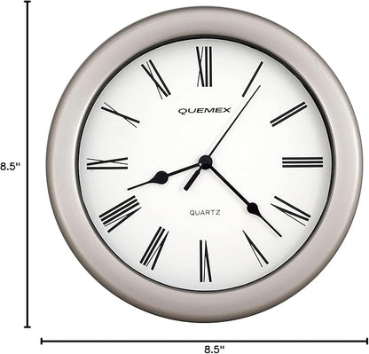 JUSTIME 8.5 inch Brushed Metal Water Resistant Wall Clock, Special for Small Space, Office, Boats, RV (WM86-BN-R Brushed Nickel)
