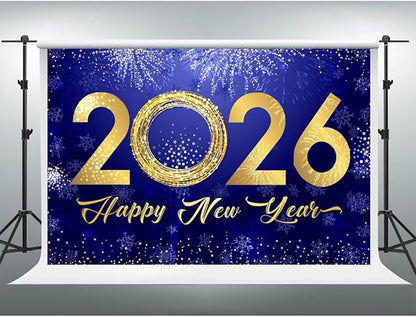 YongFoto 2026 Happy New Year Backdrop 12x8ft Fireworks Snowflakes Photography Background Christmas Night Festival Carnival Celebration Party Banquet Decor Banner Photoshoot Wallpaper Photo Booth