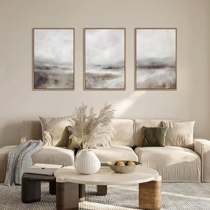 HLNIUC Large Abstract Neutral 3 Piece Wall Art Framed, Gray Lake Landscape Canvas Decor(24X36), Watercolor Smoky Mountain Wall Painting, Modern Minimalist Art Prints for Living Room, Bedroom, Office