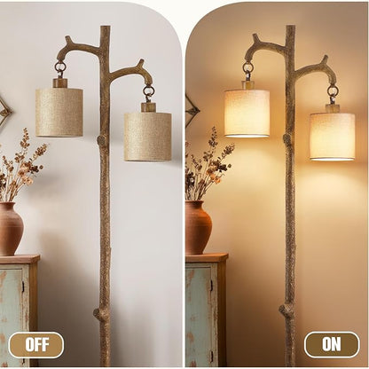 Floor Lamp for Living Room - 69" Rustic Farmhouse Tree Trunk Tall Lamp - Country Resin Vintage Reading Light Standing Lamps for Bedroom Office Classroom kid Room Home Decor (2 Reading Light, Brown)