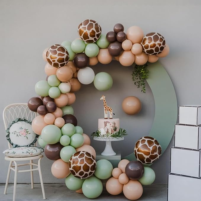 Jungle Balloons, 12 Inch Green and Brown Balloons, Sage Green Brown Apricot Giraffe Khaki Print Latex Balloon for Safari Baby Shower Forest Jungle Animal Theme Birthday Party Decorations