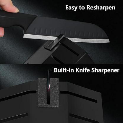 Kuisine Premium Knife Set,One-piece Steel Molding,High Carbon Stainless Steel Ultra Sharp,Non-slip Ergonomic Solid Steel Handle,Built-in Sharpener Knife Block Set,Luxury Gift(15PCS,Black)
