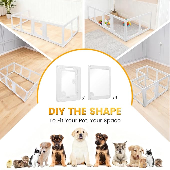 WICHEMI Acrylic Dog Playpen Indoor 10 Panels, Dog Play Pen Indoors 23.6" H, Puppy Play Pen with Double Door Lock, Small Animal Playpen with Suction Cup, White