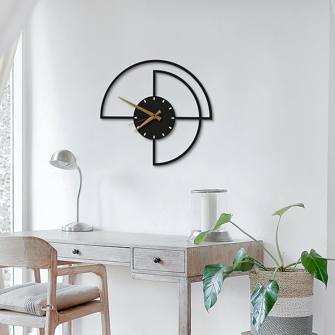 Half-Circle Modern Oversized Wall Clock 32-Inch – Black Metal, Silent Non-Ticking Quartz Movement, Sleek Contemporary Design for Living Room, Fireplace, Office