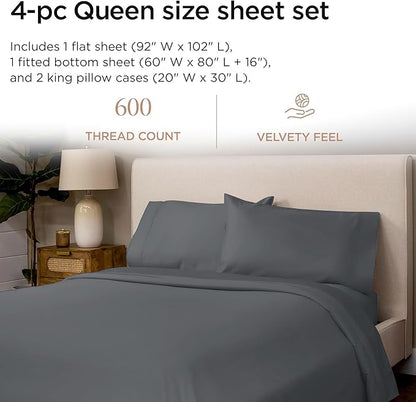 Threadmill 100% Cotton Sheets for Queen Size Bed - 600 Thread Count Queen Bed Sheets Set with 16” Deep Pocket - Sateen Weave 4-Piece Bedding Set with Cooling Effect, Dark Grey