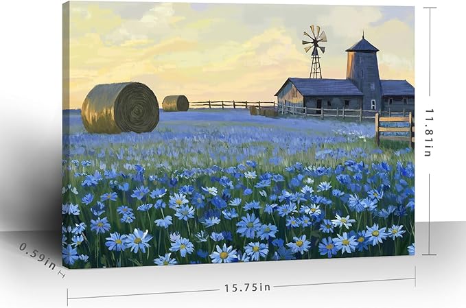 ARTZON Farmhouse Floral Wall Art – Rustic Bathroom Decor Artwork Horizontal Landscape Canvas Print, Barn Windmill with Blue Flower Daisies Field, Country Sunset Nature Scene Picture, Small 16x12 Inch