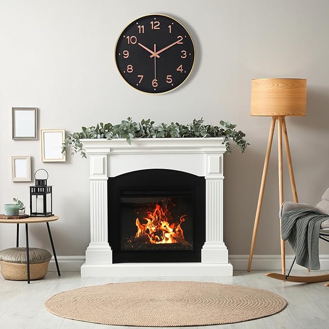 MEIRED Wall Clock 12 Inch Silent Non Ticking Battery Operated Round Wall Clock Modern Simple Style Decor Clock for Home/Office/School/Kitchen/Bedroom/Living Room, Black and Gold