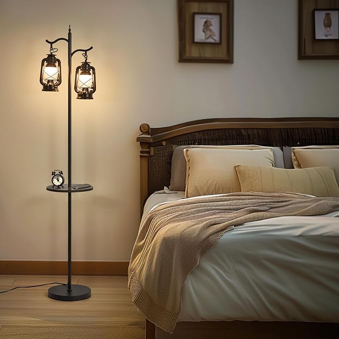 Farmhouse Floor lamp with Table, Double Head Vintage Floor Lantern, Standing lamp for Living Room，Bedroom, Rustic Floor Lamp with Black Finish
