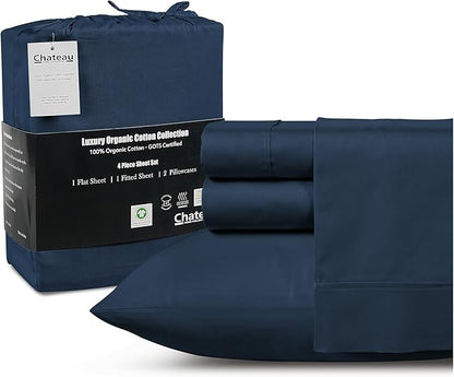 100% Organic Cotton Sheets For King Size Bed, 300 Thread Count Deep Pocket King Sheet Set, Elasticated Sheet & Pillowcase Sets, No Pill & Shrink, Soft & Comfy Naturally Cool & Breathable- Navy