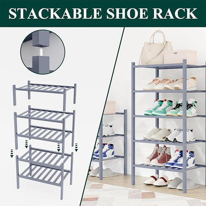 Smiry Shoe Rack, 5 Tier Small Bamboo Shoe Organizer, Stackable Free Standing Wooden Shoe Storage Shelf for Closet, Entryway, Front Door Entrance, Grey