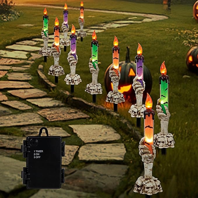 WATERGLIDE Halloween Decoration Candle Light Stakes, 10 Pack Skeleton Hands Hold Lighted Candle Pathway Makers, Waterproof Battery Operated with Timer, Light Up Figurine for Outdoor Holiday Party