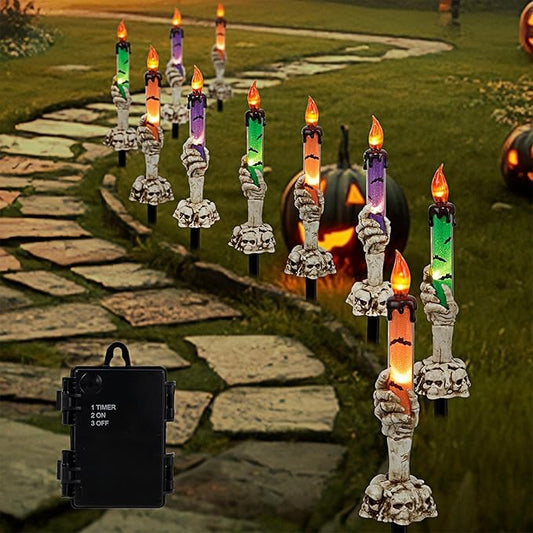 WATERGLIDE Halloween Decoration Candle Light Stakes, 10 Pack Skeleton Hands Hold Lighted Candle Pathway Makers, Waterproof Battery Operated with Timer, Light Up Figurine for Outdoor Holiday Party