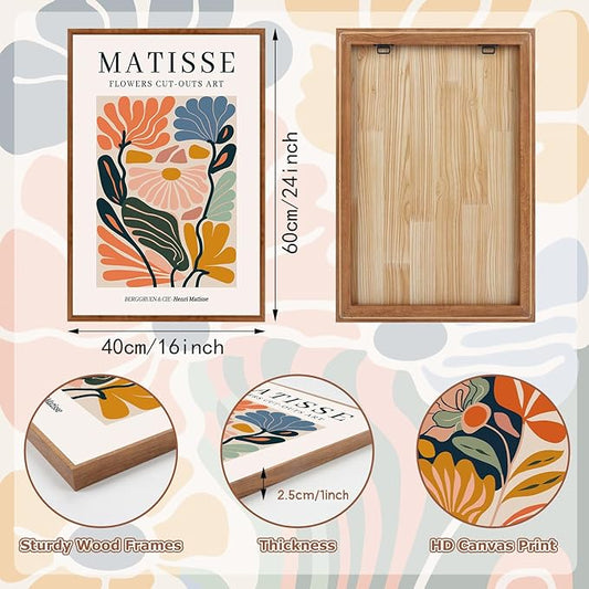 HLNIUC Framed Matisse Picasso Canvas Wall Art,Henri Matisse Flower Wall Decor Set of 3(16”x24’)Modern Aesthetic Pictures Wall Painting,Colorful Abstract Floral Market Art Print for Living Room,Office