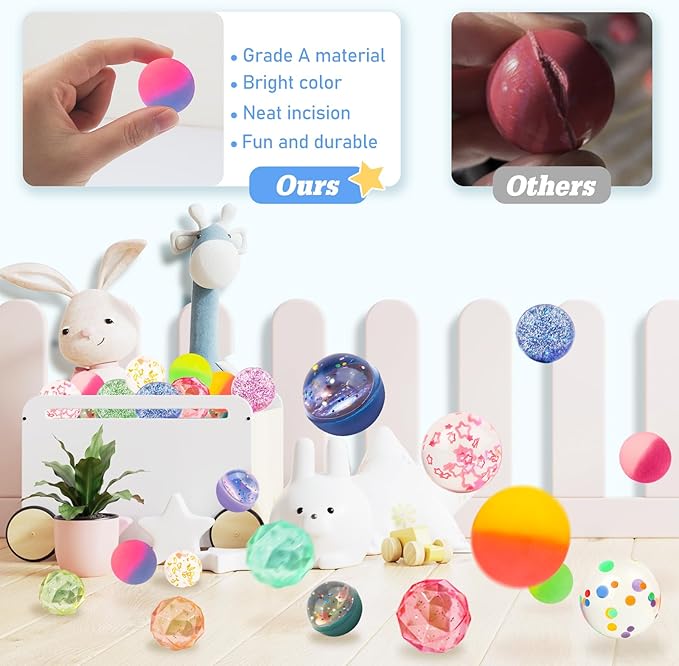 Bouncy Balls for Kids 24 Pieces 7 Styles 32 mm Assorted High Bouncing Balls Toys for Birthday Parties, Party Favors and Gifts Classroom