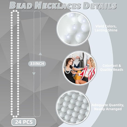 YAXINRUI 24 PCS White Mardi Gras Beads, 33" White Bead Necklaces Party Costume Necklace Round Parade Throw Beads in Bulk for Mardi Gras Christmas Festive Events, Party Favors