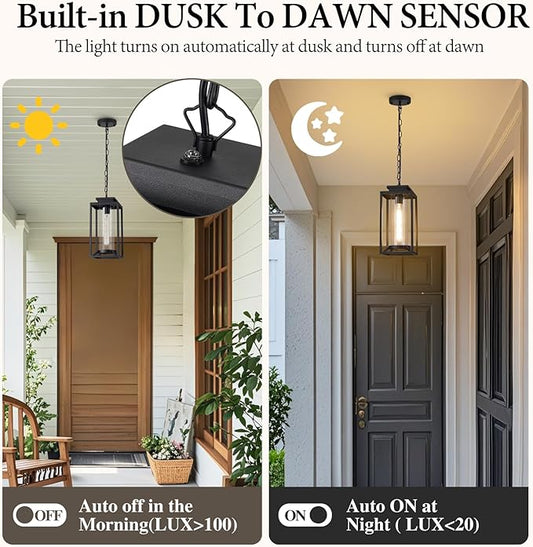 Outdoor Pendant Light, 14" Large Dusk to Dawn Outdoor Chandelier Lantern with Sensor, Black Modern Exterior Hanging Porch Light with Cylinder Glass, Adjustable Long Chain, OS-KY1002