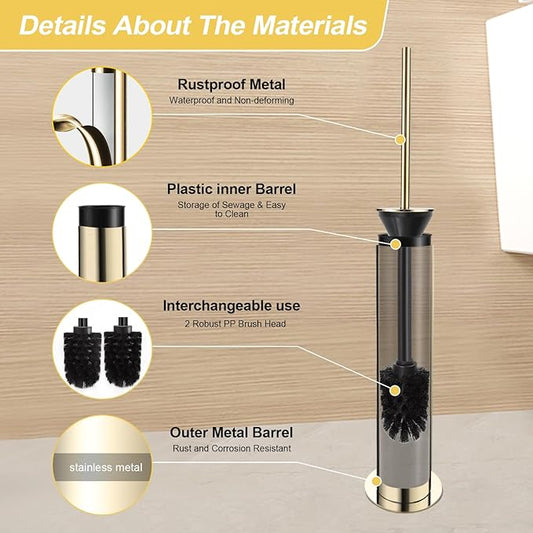 BGL Toilet Brush and Holder Set, Heavy Duty 304 Stainless Steel, Round Base and Long Handle for Bathroom Deep Cleaning, Drip-Proof, Space Saving for Storag, Gold