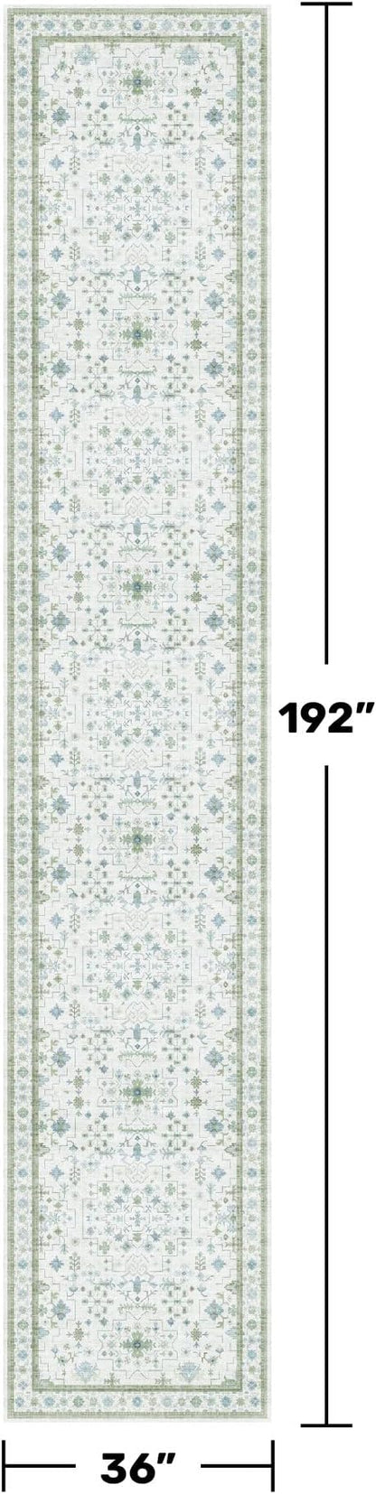 Oushak 3x16 Wide Hallway Runner Rug - Vintage Turkish Floral, Washable Low Pile Non Slip 16ft Extra Long Runners for Large Kitchen, Hall Way - Light Blue and Green Décor