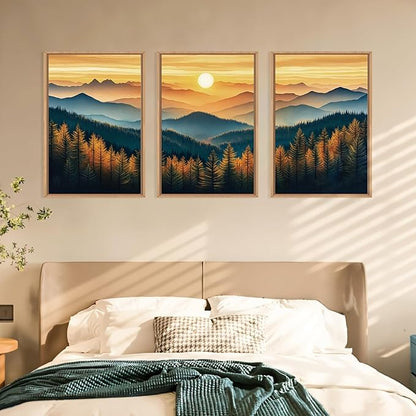 Large Boho Sunrise Mountain Framed Canvas Wall Art,Abstract Nature Forest Wall Decor,Foggy Pine Tree Wall Painting,Retro Landscape Artwork for Living Room,Bedroom,Dining Room,Office -16"x24"x3