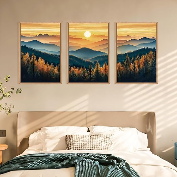 Large Boho Sunrise Mountain Framed Canvas Wall Art,Abstract Nature Forest Wall Decor,Foggy Pine Tree Wall Painting,Retro Landscape Artwork for Living Room,Bedroom,Dining Room,Office -24"x36"x3