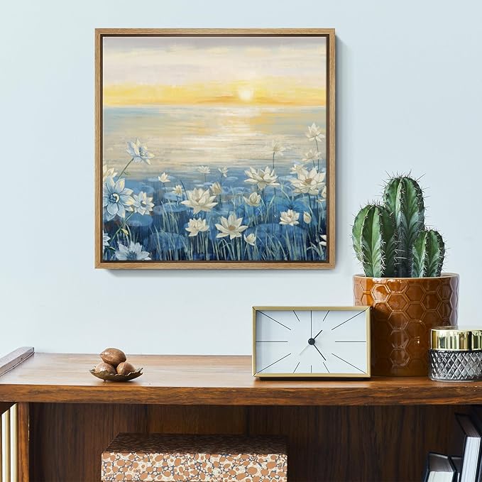 amatop Bathroom Decor Wall Art Framed Canvas Wall Art Modern Beach Coastal Floral Sunset Boho Ocean Artwork Blue Yellow Lotus Flower Zen Wall Picture for Bedroom Kitchen Office Small