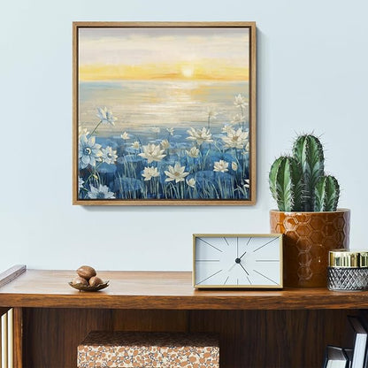 amatop Bathroom Decor Wall Art Framed Canvas Wall Art Modern Beach Coastal Floral Sunset Boho Ocean Artwork Blue Yellow Lotus Flower Zen Wall Picture for Bedroom Kitchen Office Small