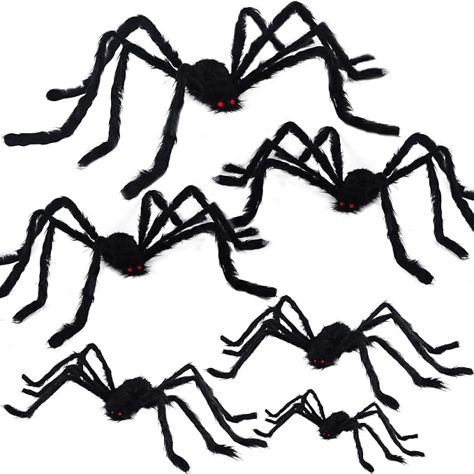 yosager Outdoor Halloween Decorations 6Pcs Realistic Giant Spiders, Huge Hairy Scary Halloween Spider Prop, Black Spooky Spider for House Window Yard Garden Patio Decor (12" 24" 24" 36" 36" 60")