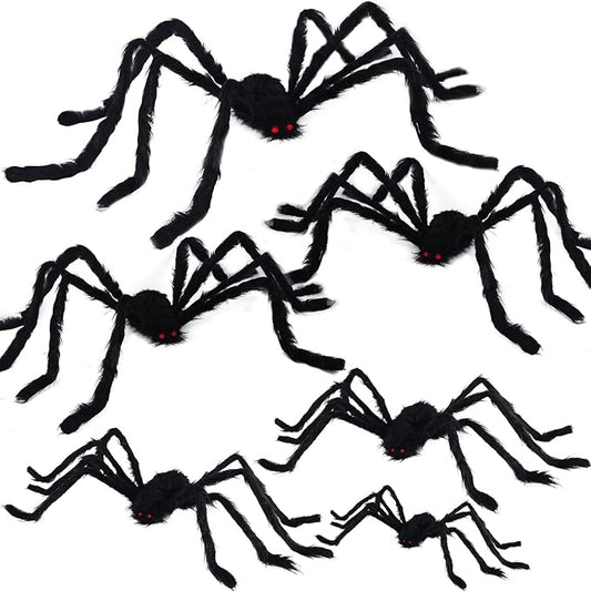 yosager Outdoor Halloween Decorations 6Pcs Realistic Giant Spiders, Huge Hairy Scary Halloween Spider Prop, Black Spooky Spider for House Window Yard Garden Patio Decor (12" 24" 24" 36" 36" 60")